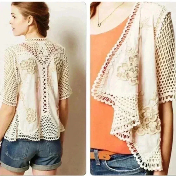 NWT Anthropologie Clemente Cardigan Ivory Hand Knit Crochet Petite Small - Picture 2 of 6